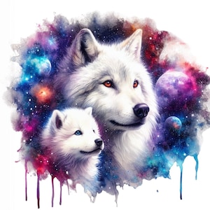 Peut inclure: Peinture à l'aquarelle de deux loups blancs sur un fond cosmique vibrant. Le loup adulte a les yeux orange, tandis que le louveteau a les yeux bleus. Le fond présente des planètes, des étoiles et des nébuleuses colorées, avec des coulures de peinture en bas.