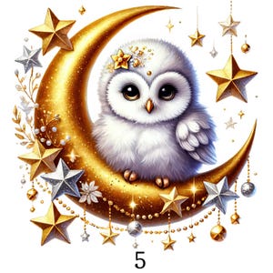 Op de afbeelding: Een grillige illustratie van een witte uil op een gouden halve maan, versierd met gouden en zilveren sterren. De uil heeft grote ogen. Het nummer "5" staat onderaan.