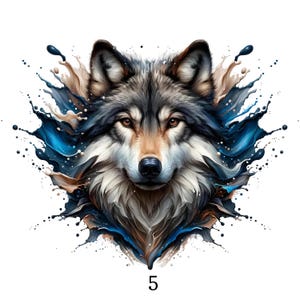 May include: A detailed illustration of a wolf's head with a splash of blue and brown paint. The wolf has gray, black, and brown fur, with brown eyes and a black nose. The number 5 is printed at the bottom.