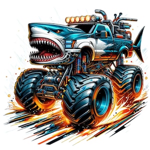 Könnte beinhalten: Digital illustrierter Monster Truck mit Hai-Design. Der Truck hat einen Haikopf als Front, eine Flosse am Heck und große, robuste Reifen. Das Farbschema umfasst Blau, Weiß und Orange, mit Flammen, die von den Reifen ausgehen.
