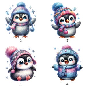 Può includere: Quattro adorabili pinguini dei cartoni animati con cappelli e sciarpe invernali. Ogni pinguino ha un design unico di cappello e sciarpa, con colori tra cui blu, rosa e viola. Fiocchi di neve circondano i pinguini, creando un tema invernale.