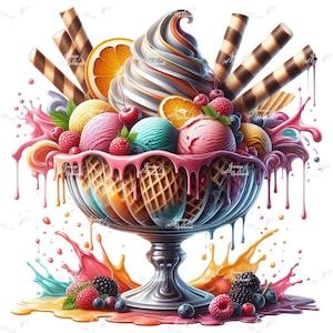 Op de afbeelding: Kleurrijke illustratie van een ijscoupe met ijs, fruit en wafelrolletjes. De ijscoupe bevat bollen van verschillende ijssoorten, verse bessen, sinaasappelschijfjes en chocolade wafelrolletjes. De glazen kom staat op een zilveren voetstuk.