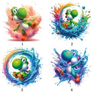 Può includere: Quattro illustrazioni digitali del personaggio dinosauro verde Yoshi. L'immagine uno mostra Yoshi in una nuvola di fumo rosa. L'immagine due mostra Yoshi circondato da uno schizzo di vernice arcobaleno. L'immagine tre raffigura Yoshi in un vortice d'acqua blu. L'immagine quattro mostra uno Yoshi blu.