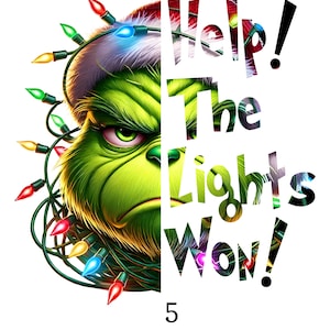 Könnte beinhalten: Eine digitale Illustration eines grünen Charakters mit Weihnachtsmütze und Lichterketten. Der Text "Help! The Lights Won!" ist auf dem Bild überlagert. Unten befindet sich die Zahl 5.