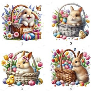 Op de afbeelding: Vier digitale illustraties van paasmanden. Elke mand bevat een konijn, eieren, bloemen en vlinders. Eén mand heeft de tekst "Happy Easter". De konijnen zijn lichtbruin en wit. De eieren zijn versierd met kleurrijke patronen.