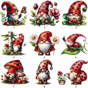 May include: A collection of nine whimsical illustrations featuring garden gnomes with red hats and black polka dots. The gnomes are depicted with various garden elements, including ladybugs, flowers, and mushrooms. Each gnome has a long white beard and is in a different pose.