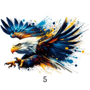 Puede incluir: Ilustración estilizada de un águila en vuelo, con cabeza blanca, pico amarillo y garras detalladas. Las alas son una mezcla de azul, naranja y amarillo, con efectos de salpicaduras de pintura. El número 5 está en la parte inferior.