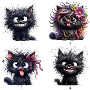 Op de afbeelding: Vier illustraties van zwarte katten met overdreven gezichtsuitdrukkingen. Eén kat grijnst breed, een andere draagt een bril en een bloemenkrans, een derde heeft een roze strik en de laatste heeft een grote, tandige grijns.