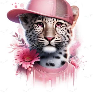 May include: Digital illustration of a leopard cub wearing a pink baseball cap and a pink crew neck shirt. The leopard has pink eyes and a pink nose. Pink flowers and decorative elements surround the leopard's head and shoulders.