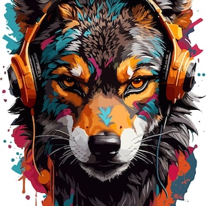 Op de afbeelding: Kleurrijke illustratie van een wolf met een oranje koptelefoon. De vacht van de wolf is een mix van bruin, zwart en wit, met spetters turquoise, roze en oranje verf. De wolf heeft een intense blik en de koptelefoon is gedetailleerd.