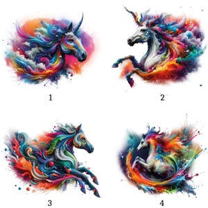 Puede incluir: Cuatro ilustraciones de unicornios coloridos. Cada unicornio presenta un cuerpo blanco y una melena y cola fluidas en vibrantes tonos arcoíris. Los fondos son una mezcla de colores arremolinados, creando un tema de arte fantástico.