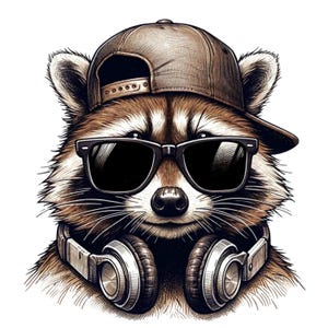 Könnte beinhalten: Digitale Illustration eines Waschbären mit brauner Baseballkappe, schwarzer Sonnenbrille und Kopfhörern. Der Waschbär hat braunes und weißes Fell und lächelt. Das Bild ist eine digitale Illustration.