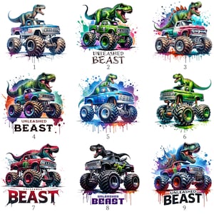 Könnte beinhalten: Neun farbenfrohe Illustrationen von Monstertrucks mit einem Dinosaurier darauf. Jeder Truck hat eine andere Farbe, darunter Rot, Grün, Blau und Schwarz. Der Text "UNLEASHED BEAST" befindet sich unter einigen der Trucks.