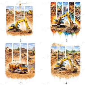 May include: Four digital art prints depicting construction scenes. Each print features yellow excavators, cement mixers, and other heavy machinery. The artwork is set against a backdrop of construction sites, with a vibrant colour palette.