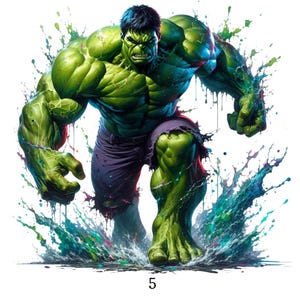 Könnte beinhalten: Eine digitale Illustration von Hulk, einem grün gehäuteten Superhelden, der mit wütendem Gesichtsausdruck nach vorne schreitet. Hulk trägt eine lila Hose, und grüne und blaue Farbspritzer umgeben ihn. Die Zahl 5 befindet sich unten.