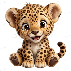 Peut inclure: Une illustration de dessin animé représentant un bébé léopard assis, avec de grands yeux sombres, une petite langue rose et un pelage beige couvert de taches brun foncé. Le petit a des oreilles arrondies, une queue recourbée et des coussinets.
