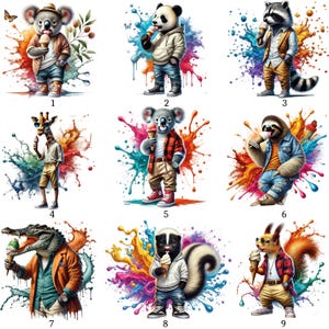 May include: Nine illustrations of animals personified, each with an ice cream cone. The animals, including a koala, panda, raccoon, giraffe, sloth, crocodile, skunk, and squirrel, are dressed in fashionable attire, set against a colourful paint splash.