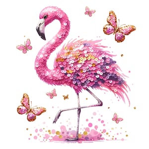 Puede incluir: Ilustración de un flamenco rosa con cuerpo de lentejuelas y una pata levantada. El flamenco está rodeado de mariposas rosas y doradas y confeti. El flamenco tiene un pico negro sobre un fondo blanco.