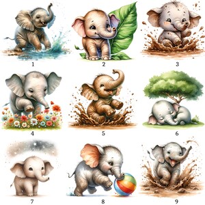 Pode incluir: Nove ilustrações digitais de adoráveis ​​elefantes bebês em várias poses. Os elefantes são retratados em diferentes ambientes, incluindo brincando na água, lama e com uma bola. A paleta de cores é suave e convidativa, com foco nas expressões brincalhonas dos elefantes.