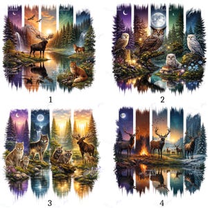 Può includere: Quattro stampe artistiche digitali raffiguranti scene di fauna selvatica. Ogni stampa mostra un paesaggio diverso con animali come cervi, gufi, volpi e lupi. L'opera d'arte include un elemento d'acqua riflettente e un cielo colorato.