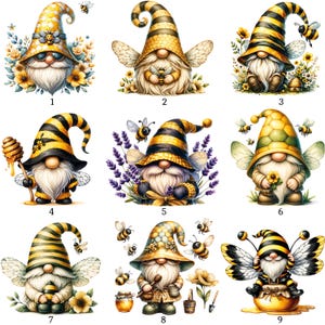 May include: Nine whimsical gnome illustrations with bee-themed designs. Each gnome features a long white beard, a pointed hat with yellow and black stripes or honeycomb patterns, and some have wings. Bees and floral elements are also included.