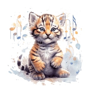 Könnte beinhalten: Eine Aquarellillustration eines niedlichen Tigerbabys mit orangefarbenen und schwarzen Streifen, das aufrecht sitzt. Das Junge hat blaue Augen und ist von Noten in Blau- und Orangetönen umgeben. Der Hintergrund ist weiß mit Aquarellspritzern.
