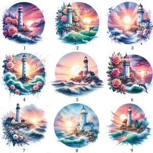 Könnte beinhalten: Neun runde Aquarellillustrationen von Leuchttürmen bei Sonnenuntergang. Jedes Bild zeigt einen Leuchtturm an einem felsigen Ufer mit Meereswellen, Blumen und einem farbenfrohen Himmel. Einige Bilder zeigen Delfine.