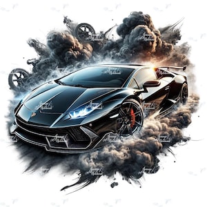 Peut inclure: Une voiture de sport noire avec des étriers de frein rouges, entourée d'un nuage de fumée sombre. La voiture a un design élégant avec un aileron et des phares lumineux. L'image a une sensation dynamique et axée sur l'action.