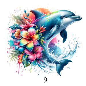 May include: A vibrant watercolor illustration of a dolphin leaping from the water, surrounded by colorful tropical flowers and splashes. The dolphin is primarily blue with rainbow accents. The number "9" is at the bottom.