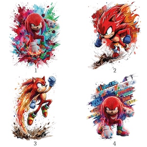 Può includere: Quattro illustrazioni colorate di personaggi di Sonic the Hedgehog in pose dinamiche. Ogni immagine presenta un personaggio diverso con colori vivaci ed effetti artistici, tra cui spruzzi ed esplosioni di colore.