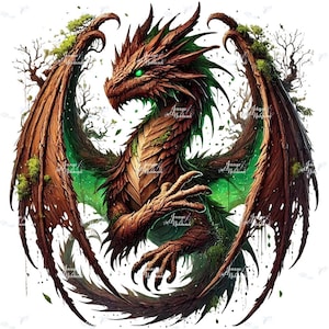 May include: A detailed illustration of a dragon with brown and green scales, wings, and claws. The dragon has green eyes and is surrounded by a forest-like background. The wings are a mix of brown and green, with a tree-like texture.