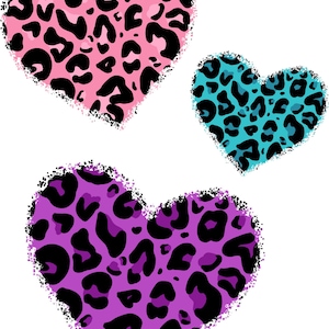 Könnte beinhalten: Drei herzförmige Designs mit Leopardenmuster. Die Herzen sind in Pink, Türkis und Lila gehalten, jeweils mit schwarzen Flecken. Die Ränder der Herzen haben einen strukturierten, gesprenkelten Rand, vor weißem Hintergrund.