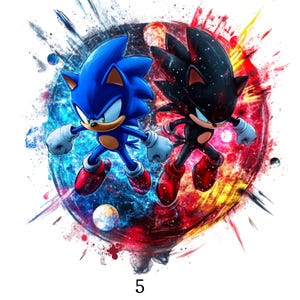 Peut inclure: Illustration dynamique avec deux personnages de Sonic the Hedgehog, l'un bleu et l'autre noir, sur un fond abstrait coloré. Le chiffre "5" est en bas. L'image dégage une impression de mouvement et d'action.