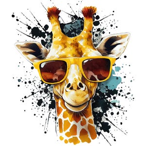 May include: A watercolour illustration of a giraffe wearing yellow sunglasses. The giraffe has a yellow and brown coat with a white background and black paint splatter design. The giraffe is smiling.