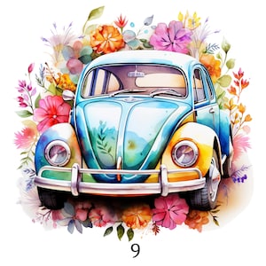 Könnte beinhalten: Aquarellillustration eines Oldtimer-Autos in Blau und Gelb, umgeben von bunten Blumen. Das Auto hat ein hellblaues Dach und eine grüne Karosserie mit gelben Akzenten. Die Zahl "9" befindet sich unten.
