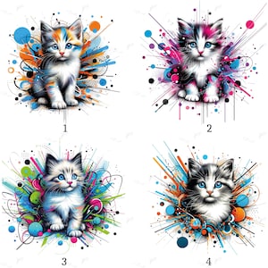 Puede incluir: Cuatro imágenes de arte digital de gatitos con fondos abstractos vibrantes. Cada gatito tiene ojos azules y una combinación de colores única: naranja y azul, rosa y negro, verde y azul, y blanco y negro. Los gatitos son el punto focal de cada imagen.