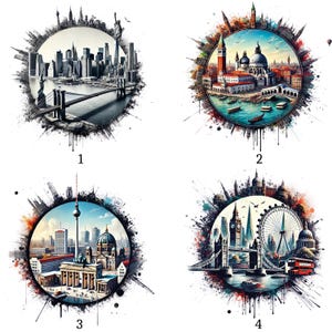 Op de afbeelding: Vier cirkelvormige illustraties met iconische stadsgezichten. Bevat New York City met het Vrijheidsbeeld en de Brooklyn Bridge, Venetië met kanalen, Berlijn met de televisietoren en Londen met de London Eye.