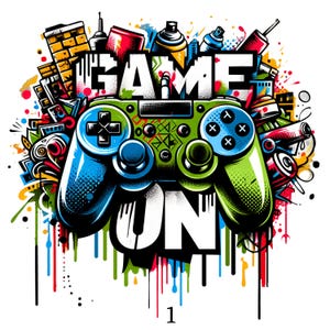 May include: A vibrant graphic featuring a green and blue video game controller with the words "GAME ON" in bold white letters. The design incorporates graffiti-style elements, including colorful paint drips and spray paint cans, creating a dynamic and energetic visual.
