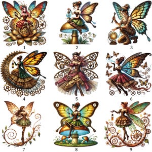 Könnte beinhalten: Neun digitale Illustrationen von Steampunk-Feen mit Schmetterlingsflügeln, Zahnrädern und viktorianischer Kleidung. Jede Fee befindet sich in einer einzigartigen Pose, mit unterschiedlichen Farbpaletten, darunter Gold, Braun, Grün und Rot. Die Bilder sind detailliert und skurril.
