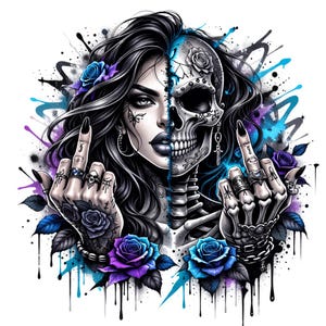 Op de afbeelding: Digitale kunstprint met een vrouwengezicht gesplitst met een schedel, versierd met tatoeages, rozen en sieraden. De vrouw steekt haar middelvinger op. Het kleurenpalet omvat zwart, wit, blauw en paars.
