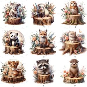 Op de afbeelding: Negen aquarel illustraties van schattige dieren, waaronder een koala, fret, uil, panda, vos, kitten, leeuwenwelp, wasbeer en otter. Elk dier zit op een boomstronk omringd door bloemen en bladeren.
