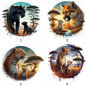Könnte beinhalten: Vier digitale Kunstdrucke mit Großkatzen in einer Savannenlandschaft. Jeder Druck zeigt eine andere Katzenart: einen schwarzen Panther mit einem Jungtier, einen Puma mit einem Jungtier, einen Leoparden mit einem Jungtier und einen Geparden mit einem Jungtier.