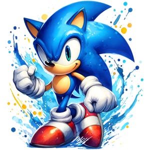 May include: A watercolour illustration of Sonic the Hedgehog. The character is shown in a dynamic pose with a clenched fist, showcasing his signature blue fur, white gloves, and red and white shoes. Splashes of blue and yellow accent the background.
