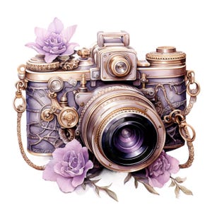 Könnte beinhalten: Eine Kamera im Vintage-Stil mit Steampunk-Ästhetik. Das Kameragehäuse ist ein gedämpftes Lila mit aufwendigen Metalldetails und goldenen Akzenten. Lavendelblüten zieren die Ober- und Unterseite.