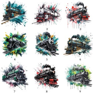 Peut inclure: Neuf illustrations à l'aquarelle de trains à vapeur de différentes couleurs, dont le bleu, le blanc, le rouge, le vert et le noir. Chaque train est représenté avec une explosion d'éclaboussures de peinture colorées, sur fond blanc.