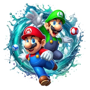Op de afbeelding: Illustratie van Mario en Luigi, personages uit de Super Mario-videogameserie, tegen een achtergrond van een turquoise waterspat. Mario draagt een rode pet en overall, terwijl Luigi een groene pet en overall draagt. Een blauwe en een rood-witte bal zijn ook aanwezig.