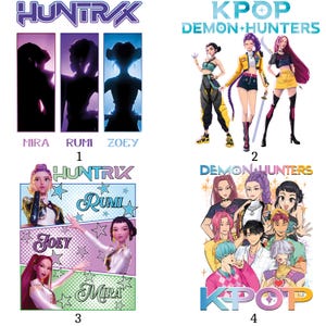 Puede incluir: Una colección de arte digital con temas de K-Pop y Demon Hunters. Las imágenes incluyen ilustraciones estilizadas de personajes, logotipos y texto. La paleta de colores incluye tonos vibrantes como el morado, el azul y el amarillo.