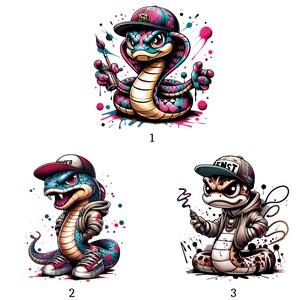 Può includere: Tre illustrazioni di serpenti dei cartoni animati. Il primo serpente indossa un berretto e tiene in mano un pennello. Il secondo serpente indossa un berretto e scarpe da ginnastica. Il terzo serpente indossa un berretto e una giacca e tiene in mano un pennarello. Tutti e tre i serpenti sono colorati.