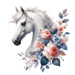 Iron-on patch, white horse with flowers, iron-on motif