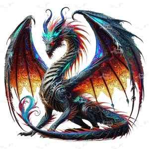 May include: A detailed illustration of a dragon with intricate patterns and vibrant colours. The dragon features a black body with accents of red, orange, blue, and green. Its wings are spread, showcasing a spectrum of colours, and it has red eyes.